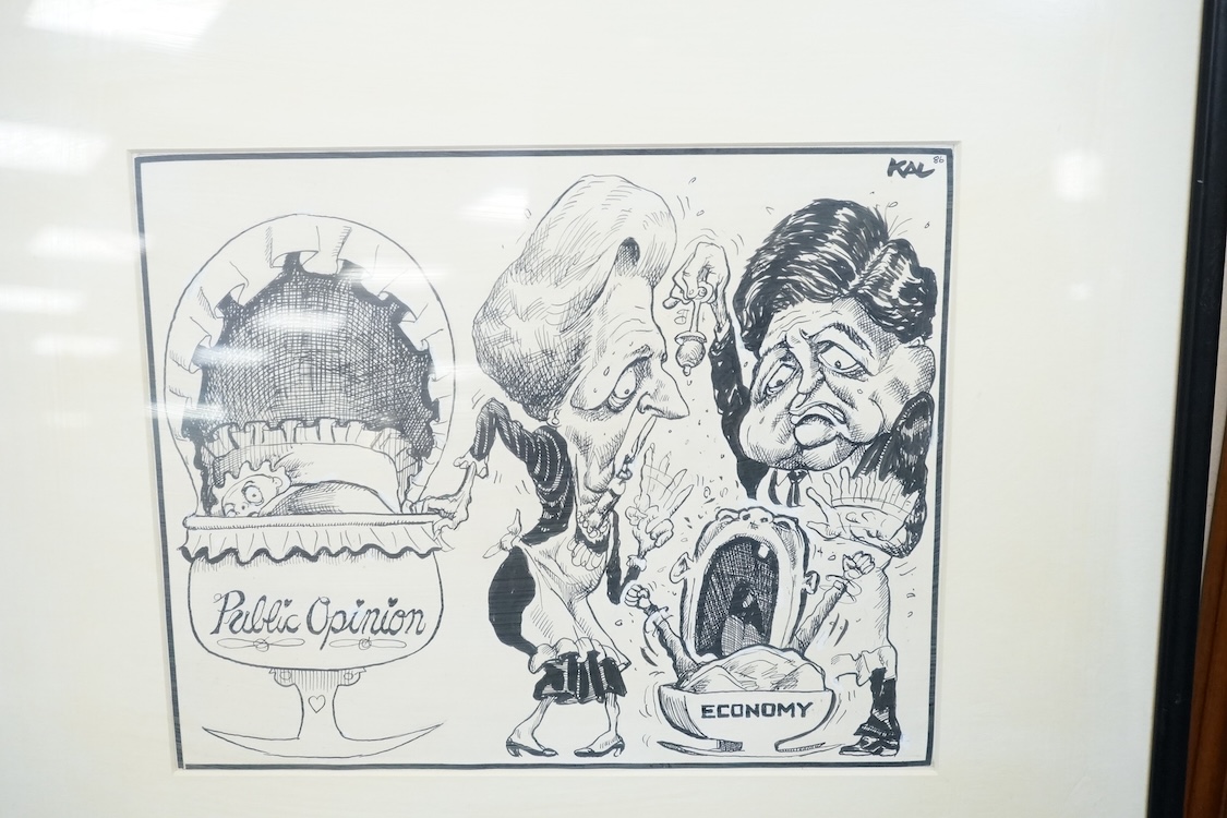 Three 20th century monochrome cartoons and caricatures, to include one by Kevin Kallaugher (Kal, b.1955), ‘Public opinion', signed and dated '86, one by Charles Ince 'Toothache', signed and dated 1906, largest 38 x 24cm.